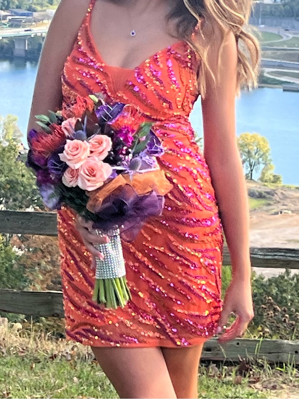 Homecoming Dress Strappy Orange Sequin Mini Dress with Pink Embellishments